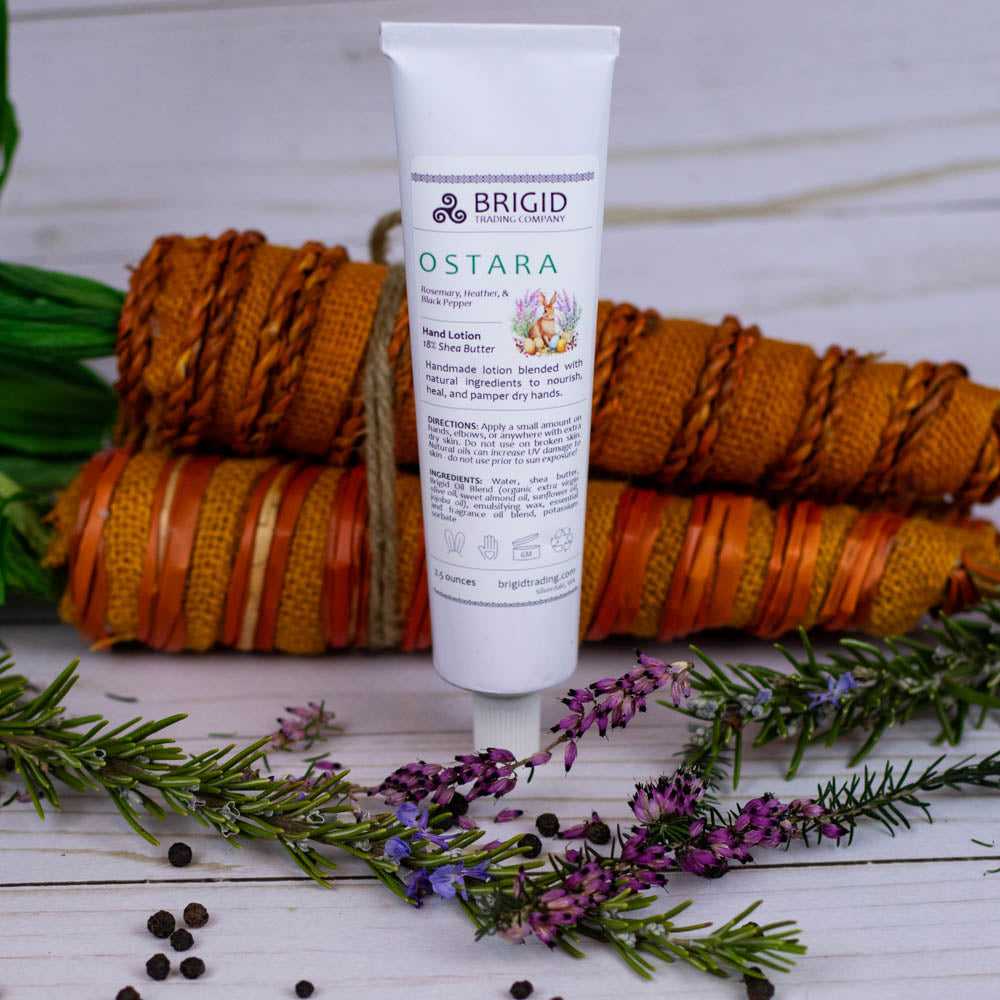Ostara natural hand lotion tube, white with BRIGID and OSTARA label