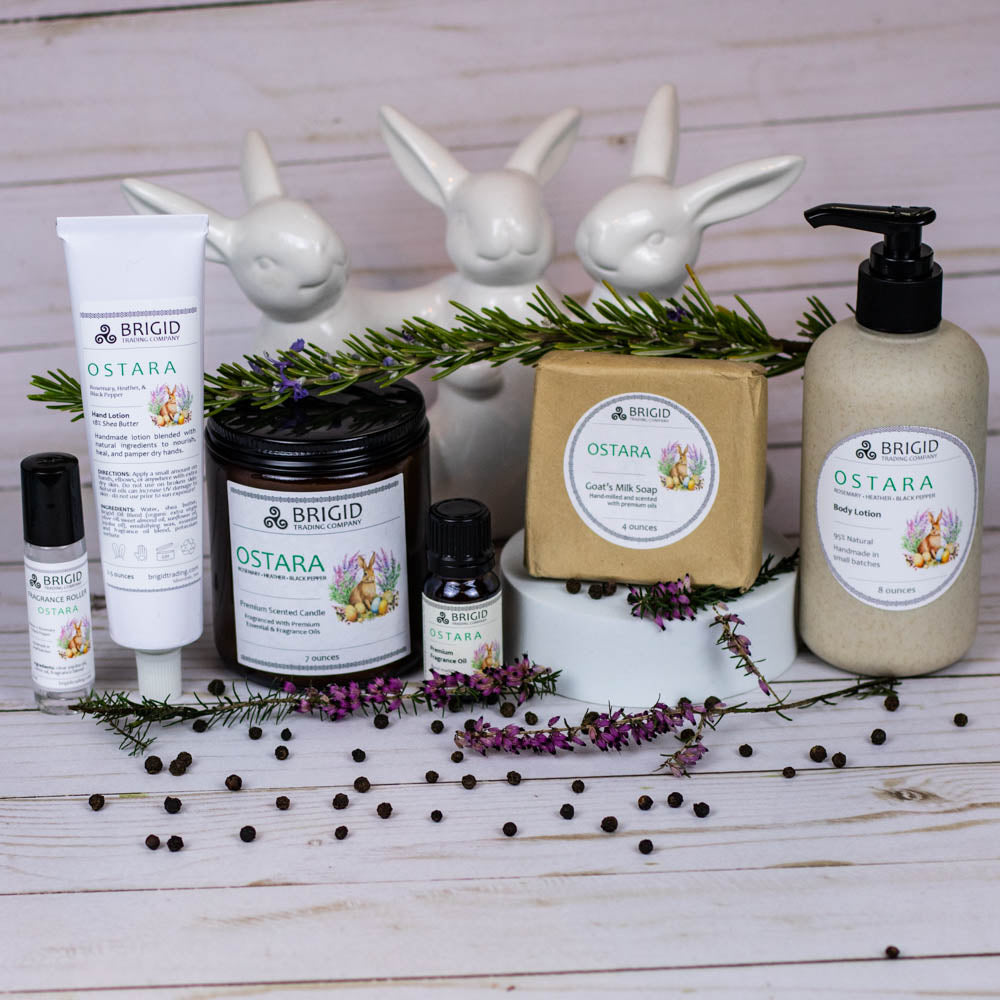 Fragrance care set with roller, jar, cream tube, and soap bottle, with labels