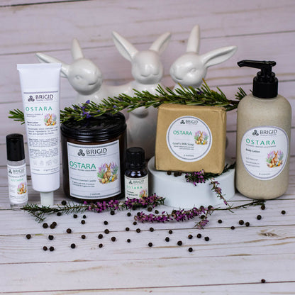 Natural body care set: lotion bottle with pump, jar, and white tubes