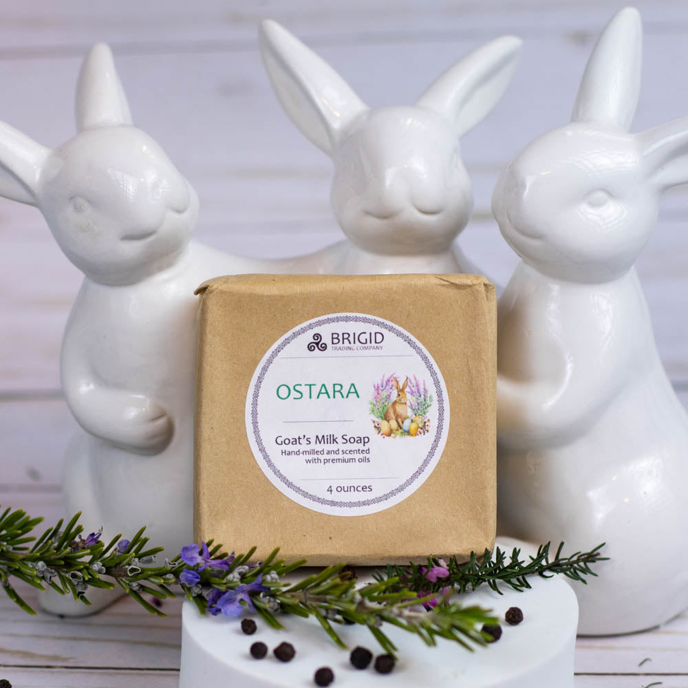 Ostara goat milk soap bar in brown kraft box, 4 oz