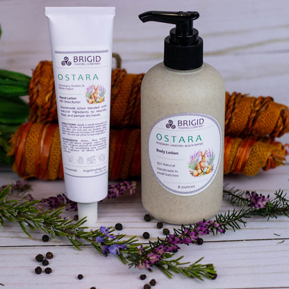 Ostara natural body lotion bottle and white tube, both with BRIGID and OSTARA labels