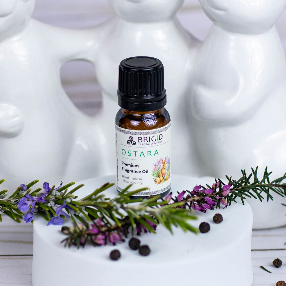 Ostara premium fragrance oil bottle with dark cap and label on white surface