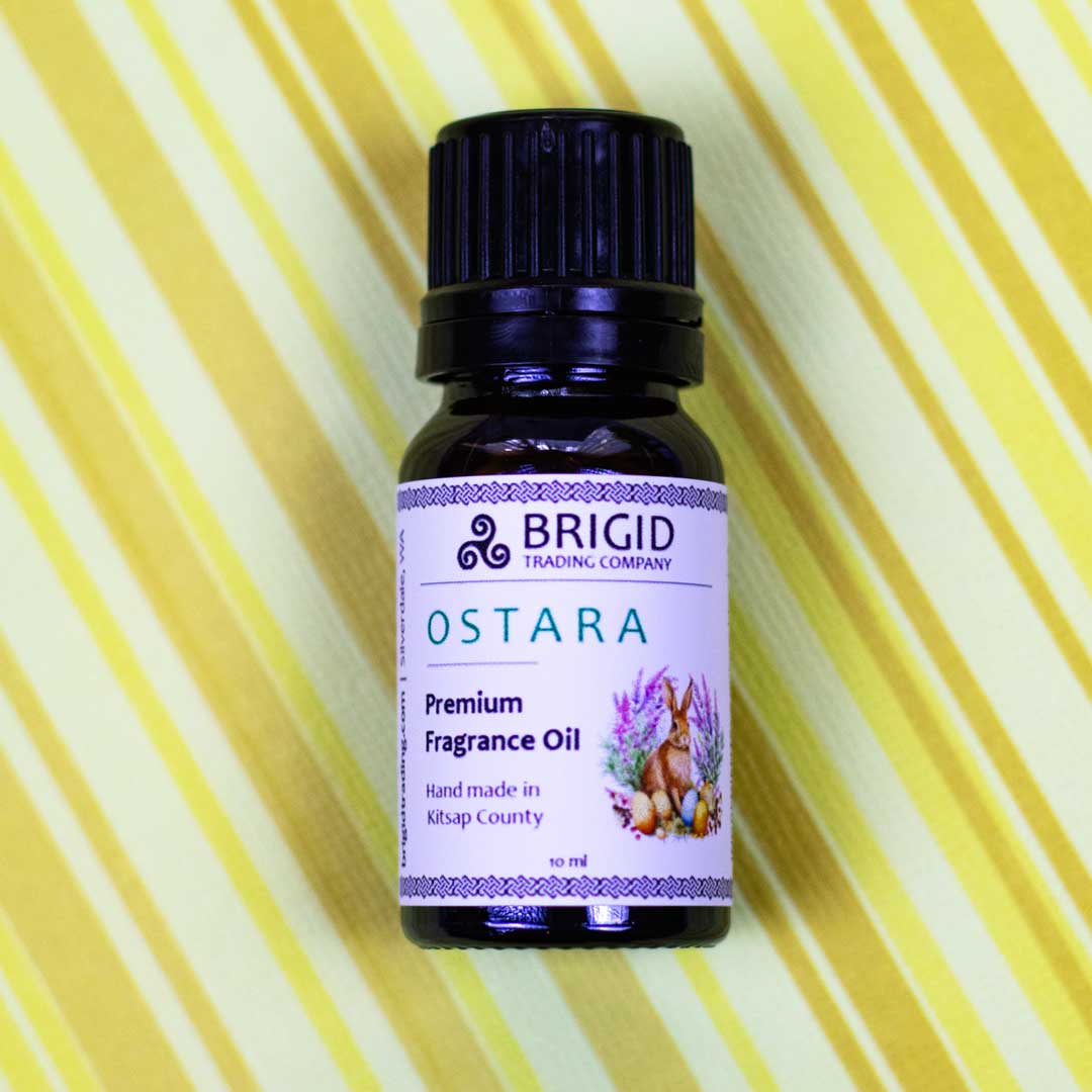 Premium fragrance oil bottle, Ostara label with black cap and white front tag