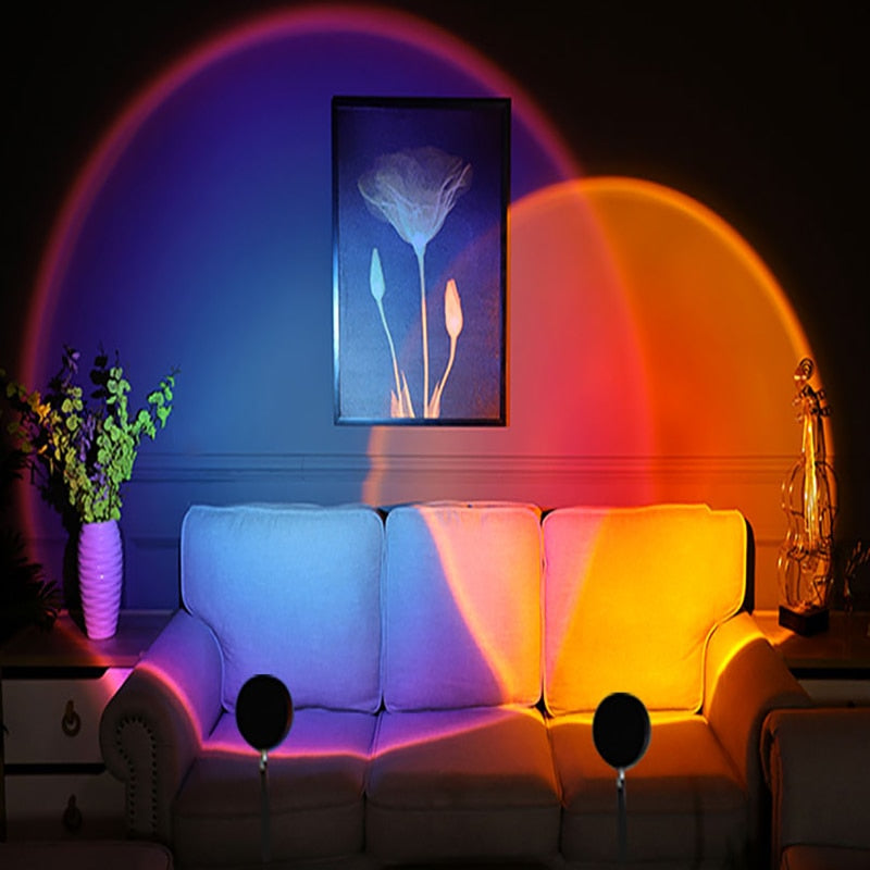 Sunset lamp with multicolor circular glow and black stand base