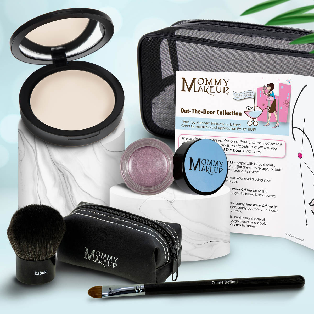 Makeup kit with light compact powder, purple shimmer mini pot, travel pouch, and brushes