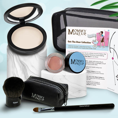 Makeup kit with light compact powder, pink shimmer mini pot, travel pouch, and brushes