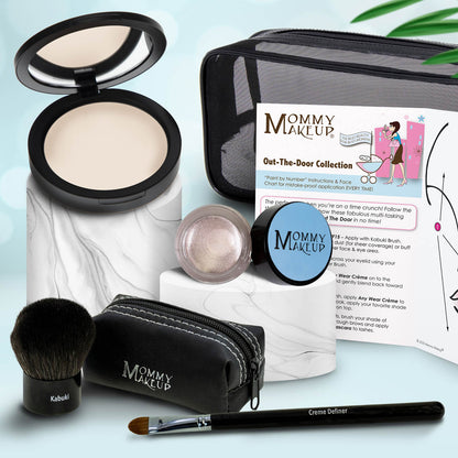 Makeup kit with light compact powder, pale shimmer mini pot, travel pouch, and brushes