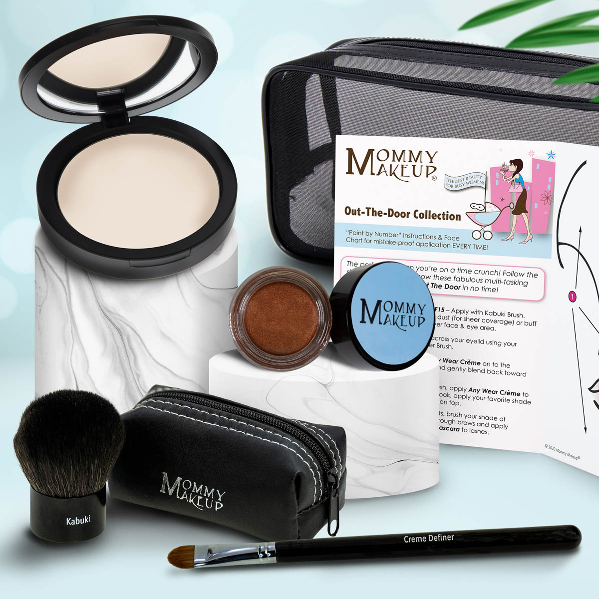 Makeup set: beige compact, orange powder pot, makeup brush, travel pouch, cream definer
