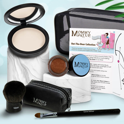Makeup set: beige compact, orange powder pot, makeup brush, travel pouch, cream definer