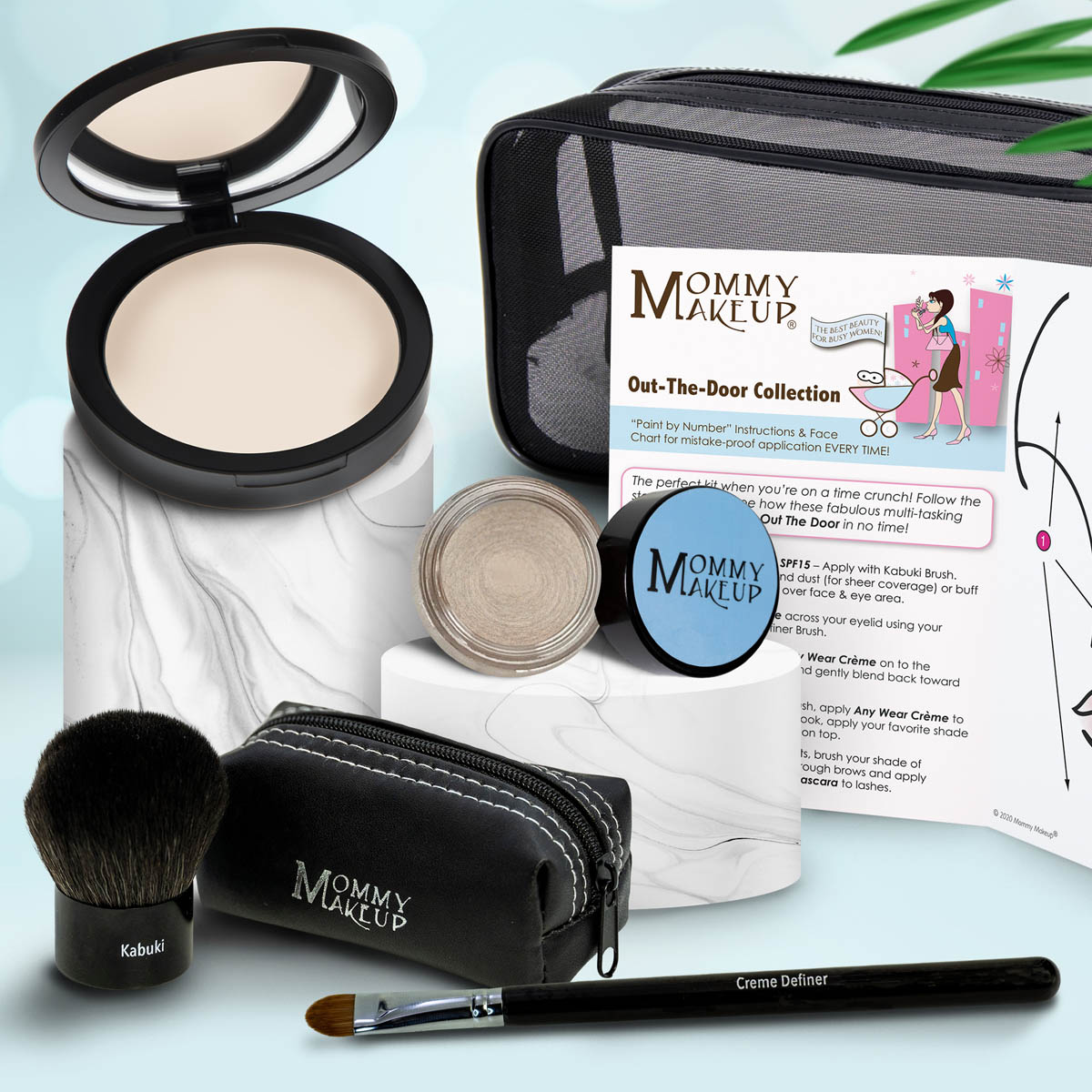 Makeup set: beige compact, taupe powder pot, makeup brush, travel pouch, cream definer