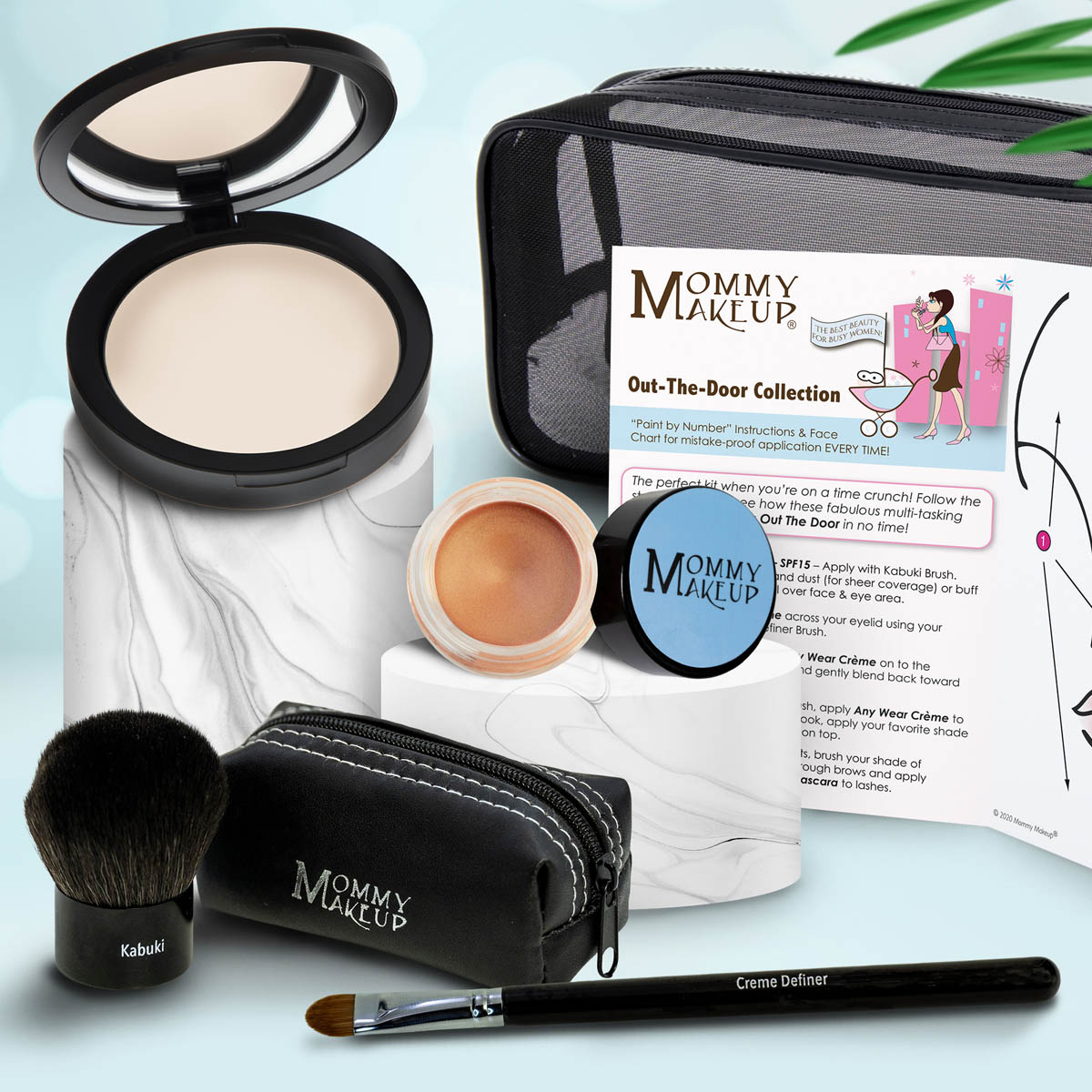 Travel makeup set with compact powder, peach cream jar, brush, black zip pouch, applicator