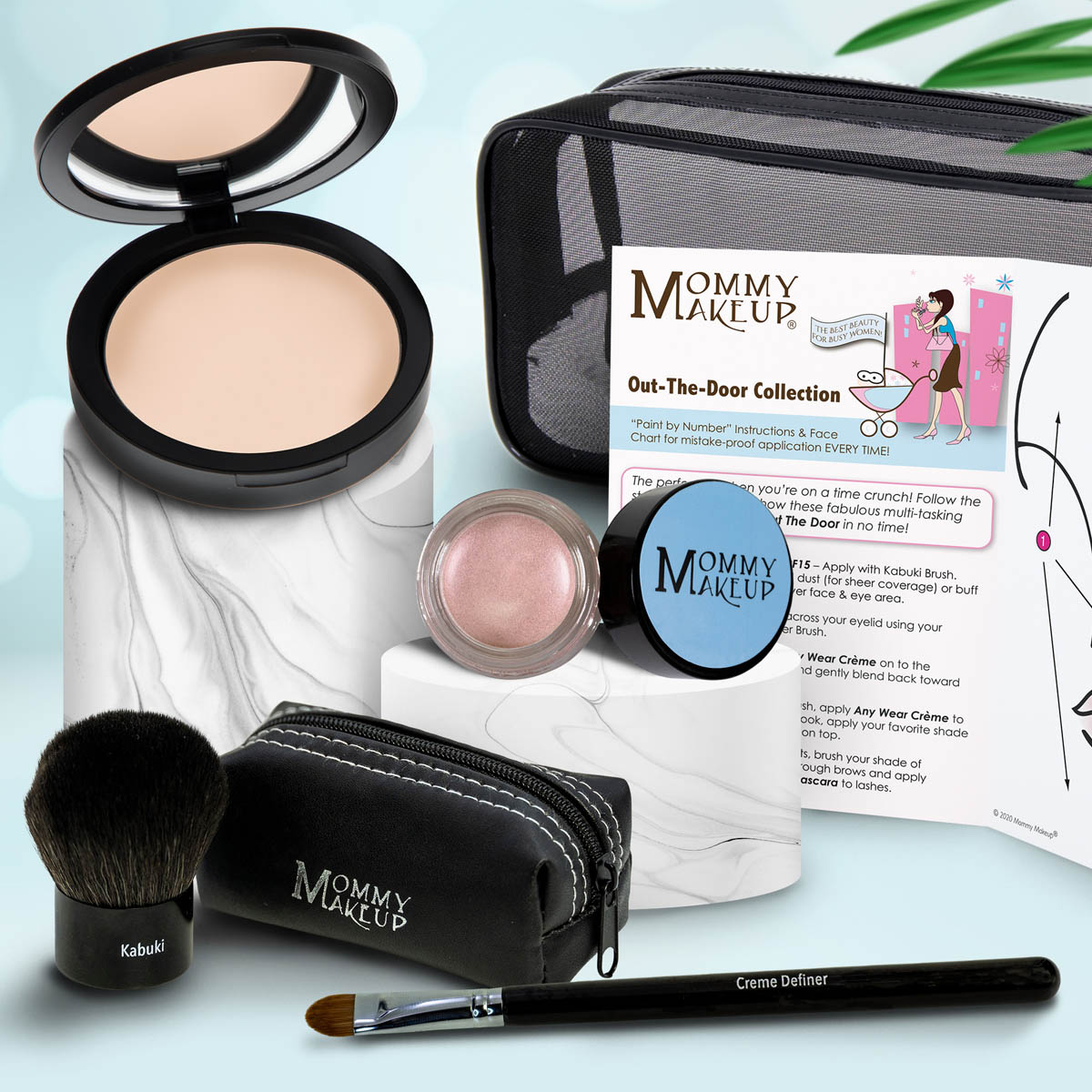 Makeup set with compact powder, mini shimmer pot, travel pouch, and makeup brushes