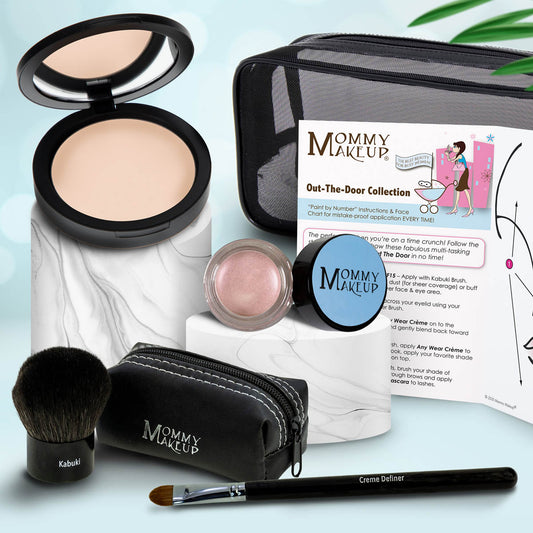 Makeup set with compact powder, mini shimmer pot, travel pouch, and makeup brushes