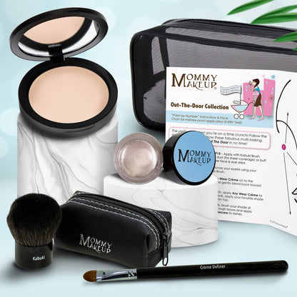 Travel makeup set with compact powder, champagne shimmer cream jar, brush, black zip pouch, applicator