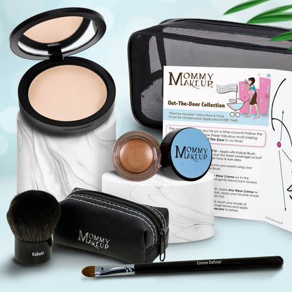 Travel makeup set with compact powder, caramel brown cream jar, brush, black zip pouch, applicator