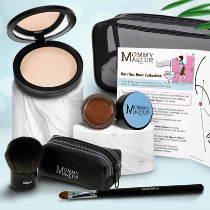 Travel makeup set with compact powder, cocoa brown cream jar, brush, black zip pouch, applicator