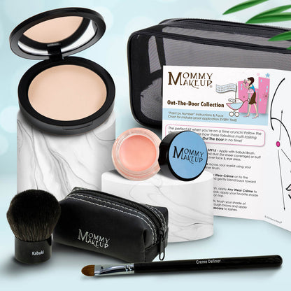 Travel makeup set with compact powder, pink cream jar, brush, black zip pouch, applicator