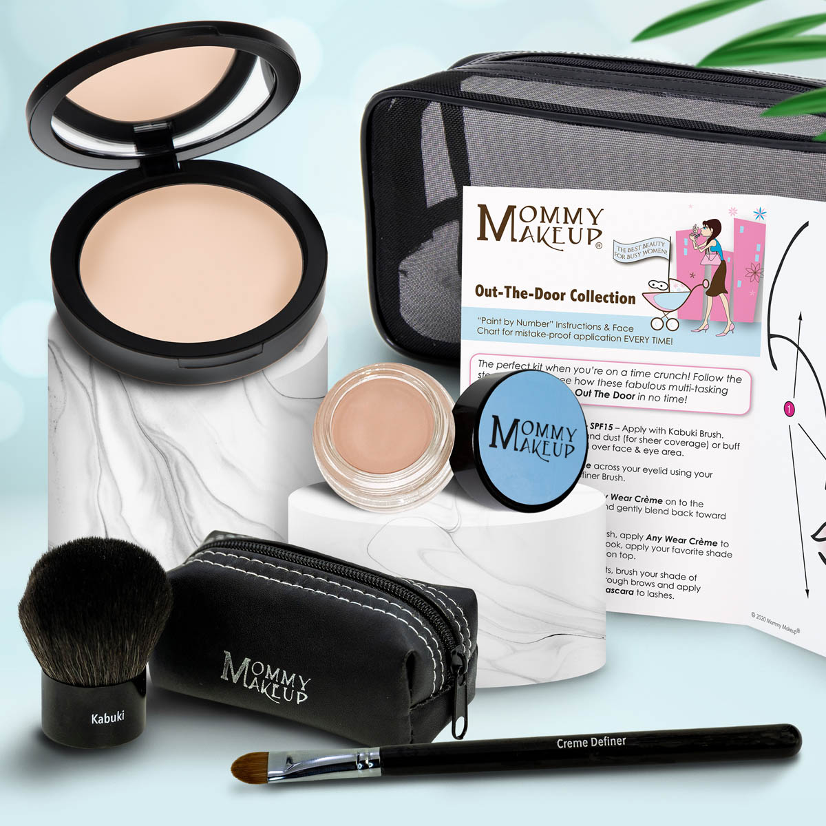 Travel makeup set with beige compact, peach cream, brush, and black zip pouch