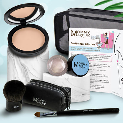 Travel makeup set with beige compact, silver-toned cream, brush, and black zip pouch
