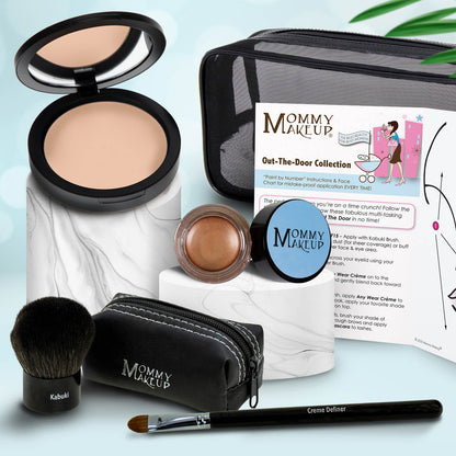 Makeup set with beige compact, bronze jar, makeup brush, black zip pouch, and applicator.