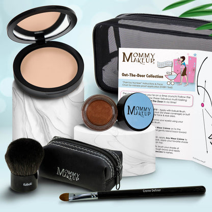 Makeup set with beige compact, bronze jar, makeup brush, black zip pouch, and applicator.