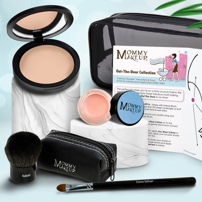 Makeup set with beige compact, pink jar, makeup brush, black zip pouch, and applicator.