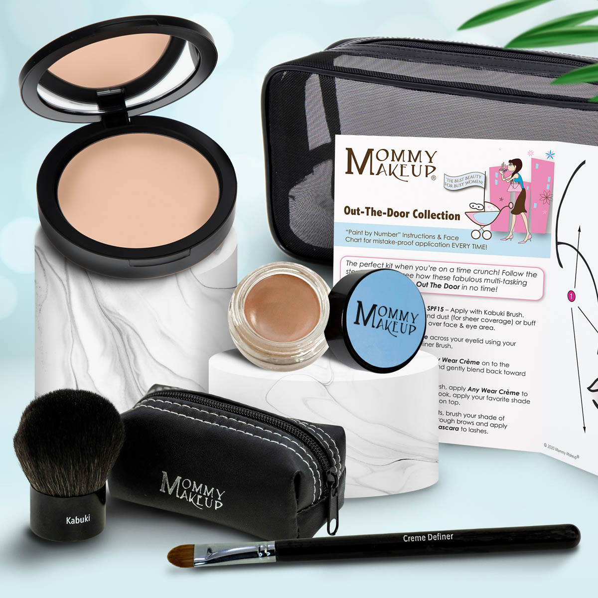 Makeup set with beige compact, tan jar, makeup brush, black zip pouch, and applicator.