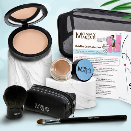 Makeup set with beige compact, tan jar, makeup brush, black zip pouch, and applicator.