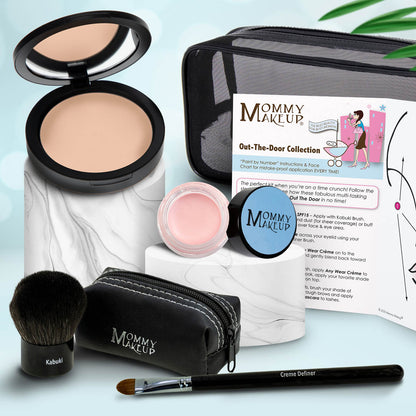 Makeup set with beige compact, pink jar, makeup brush, black zip pouch, and applicator.