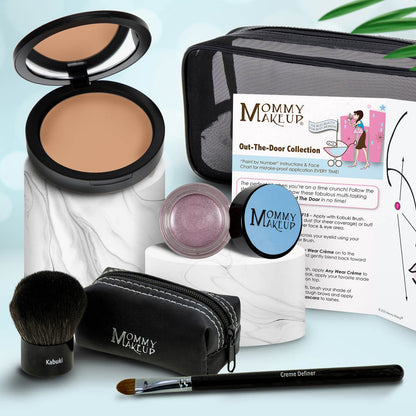 Travel makeup set with medium tan compact, lilac powder, brush, and zip case with pencil applicator