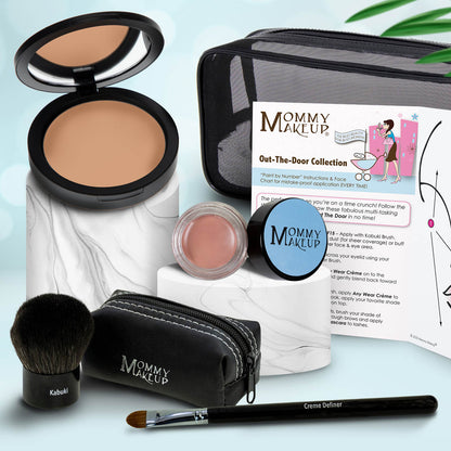 Travel makeup set with medium tan compact, soft pink powder, brush, and zip case with pencil applicator