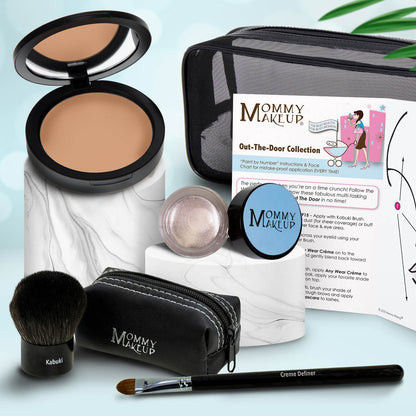 Travel makeup set with medium tan compact, light champagne powder, brush, and zip case with pencil applicator