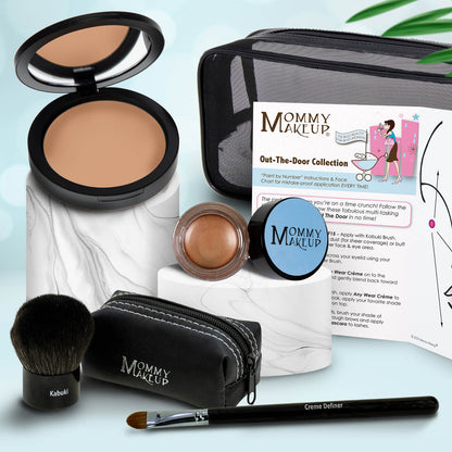 Travel makeup set with medium tan compact, warm bronze powder, brush, and zip case with pencil applicator