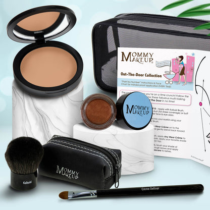 Travel makeup set with medium tan compact, warm brown powder, brush, and zip case with pencil applicator