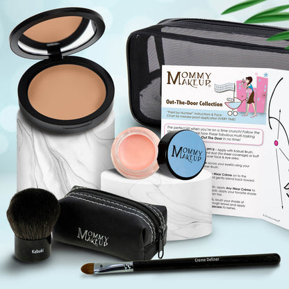 Travel makeup set with medium tan compact, blush pink powder, brush, and zip case with pencil applicator