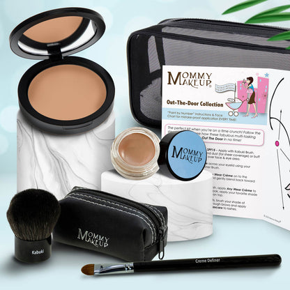 Travel makeup set with medium tan compact, nude beige powder, brush, and zip case with pencil applicator