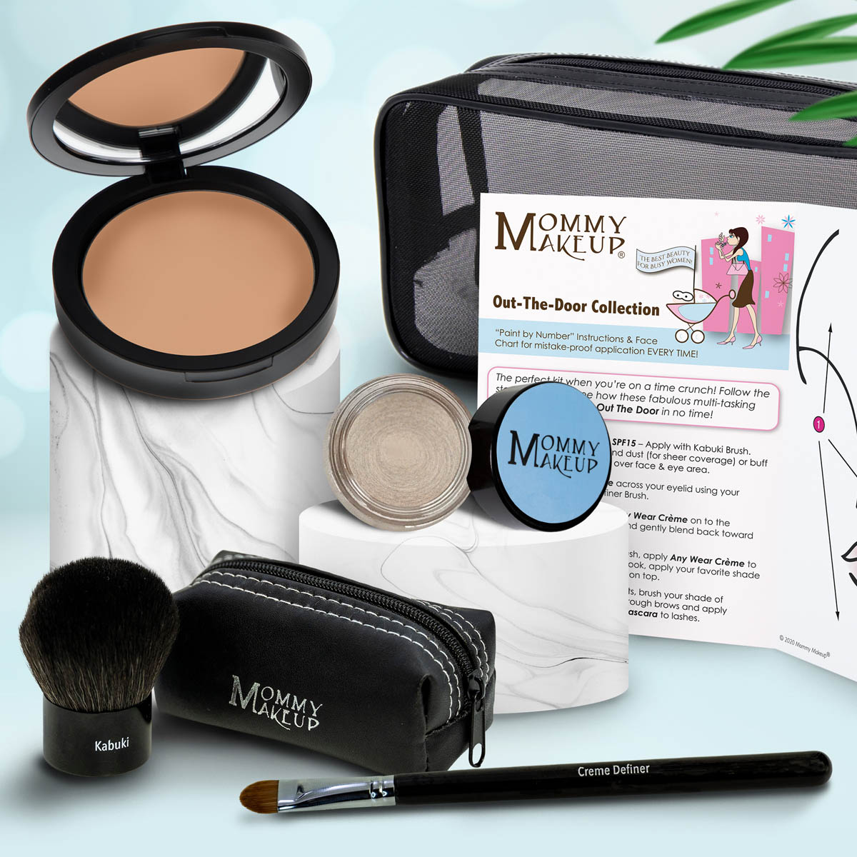 Makeup set with tan compact, light taupe powder jar, makeup brush, and zip pouch