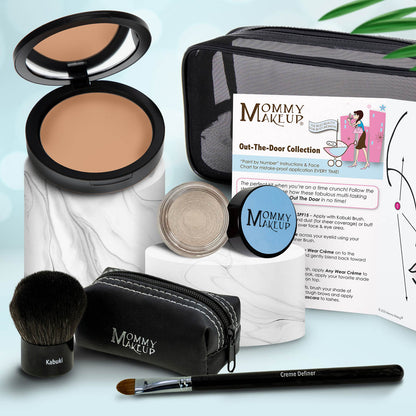 Makeup set with tan compact, light taupe powder jar, makeup brush, and zip pouch