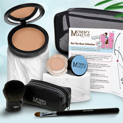 Makeup set with tan compact, peach powder jar, makeup brush, and zip pouch