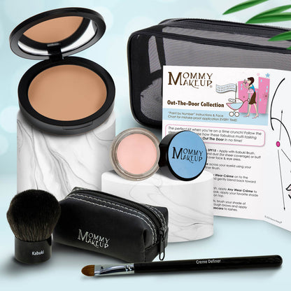 Makeup set with tan compact, pale pink powder jar, makeup brush, and zip pouch