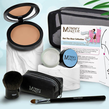 Makeup set with tan compact, off-white powder jar, makeup brush, and zip pouch