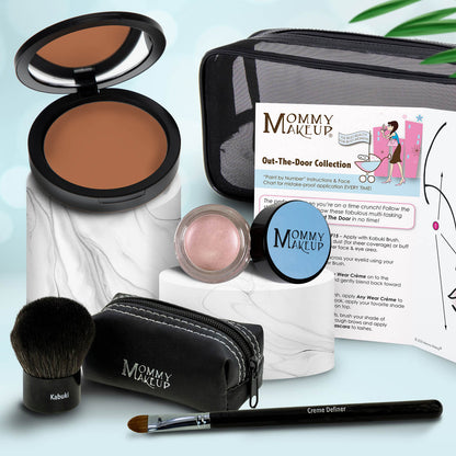 Makeup set with brown compact, light shimmery powder, kabuki brush, travel pouch