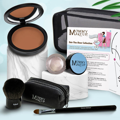 Makeup set with brown compact, pale shimmery powder, kabuki brush, travel pouch