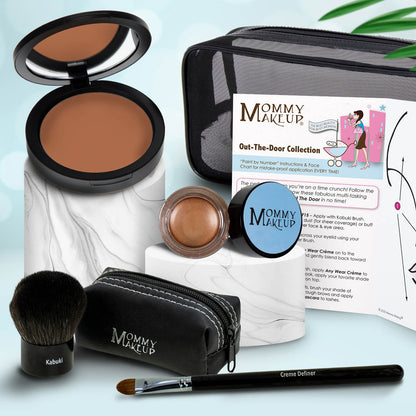 Makeup set with brown compact, bronze shimmery powder, kabuki brush, travel pouch