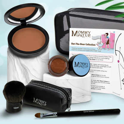 Makeup set with brown compact, warm brown powder, kabuki brush, travel pouch