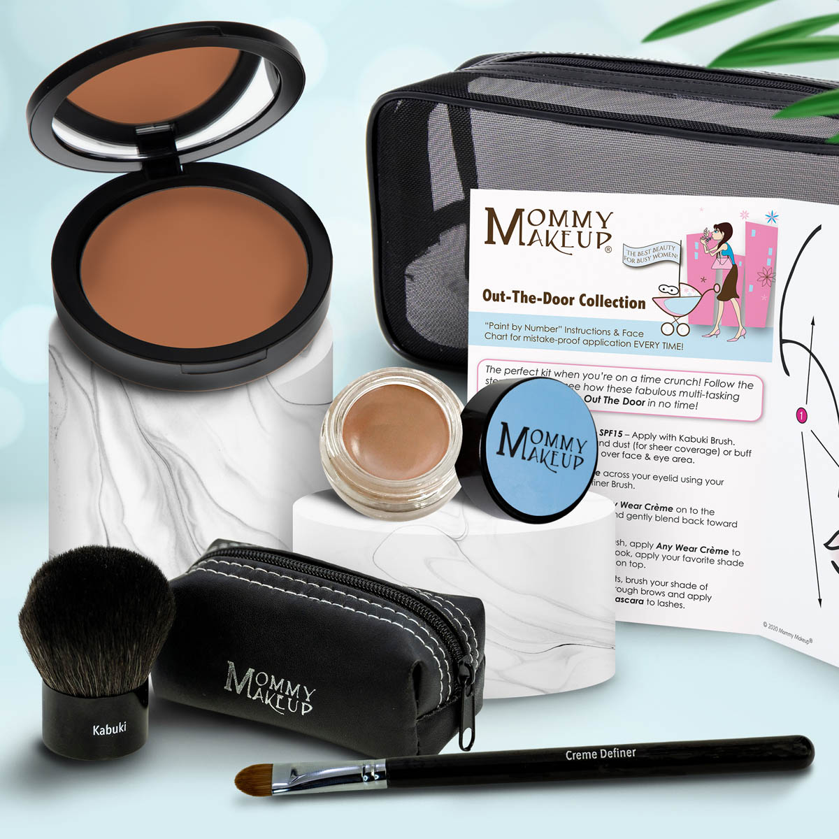 Makeup set with brown compact, beige cream powder, kabuki brush, travel pouch