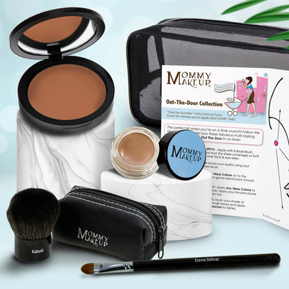 Makeup set with brown compact, beige cream powder, kabuki brush, travel pouch