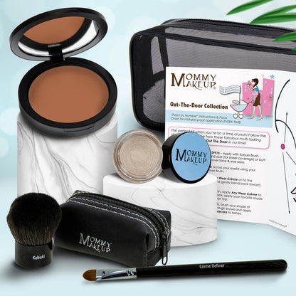 Makeup set with brown compact, silvery shimmery powder, kabuki brush, travel pouch