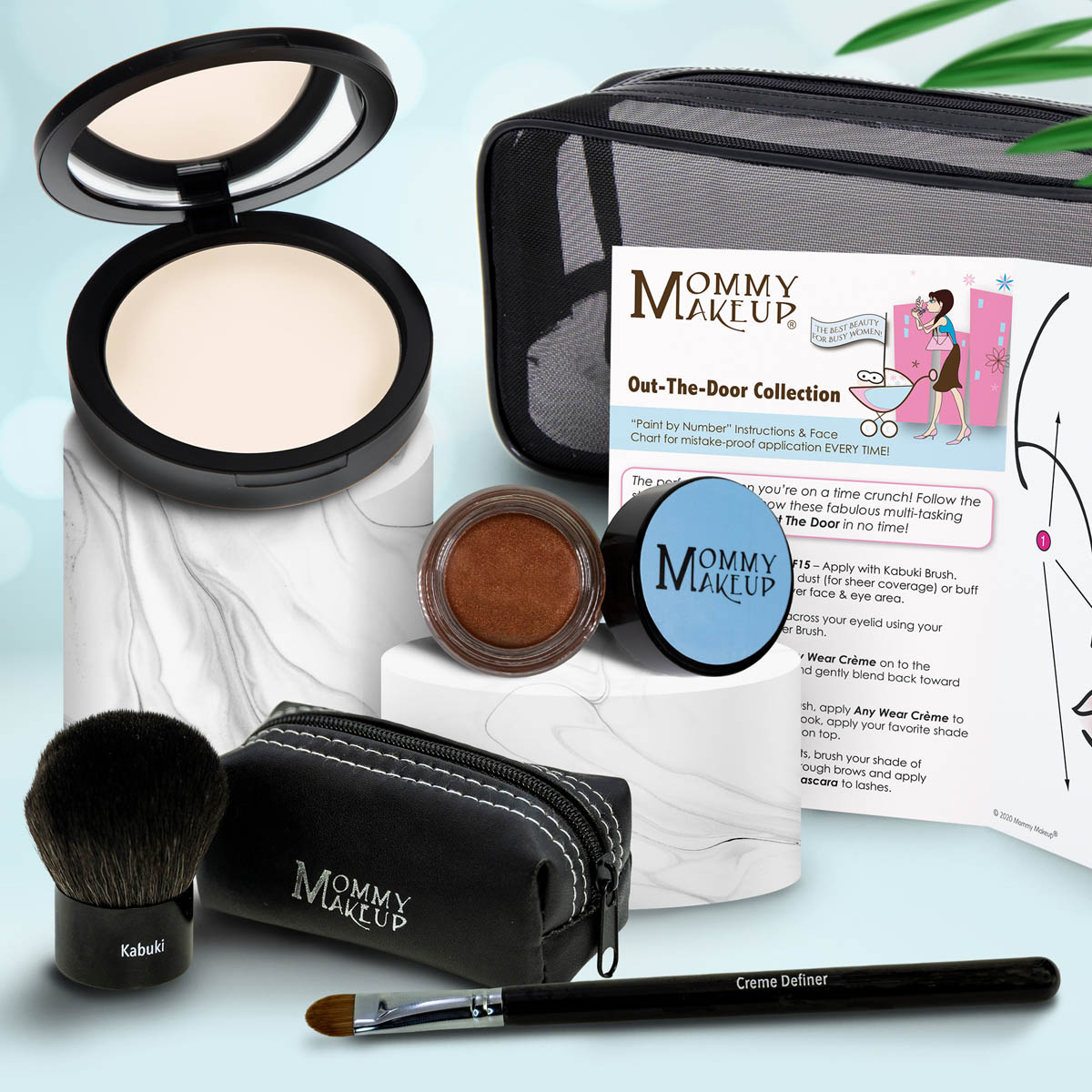 Travel makeup set with pale beige compact, warm brown cream, Kabuki brush, black zip case