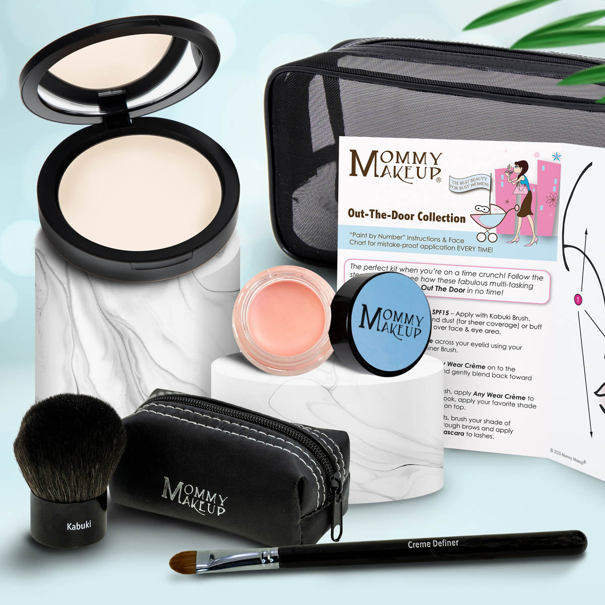 Travel makeup set with black compact powder, makeup brush, pink cream pot, and pouch